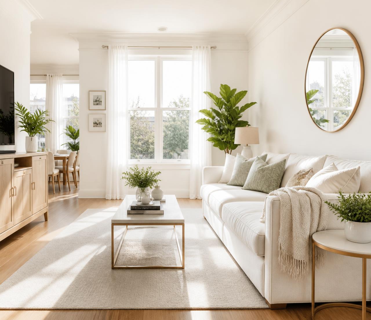 Bright, freshly cleaned living room with sunlight and spotless surfaces