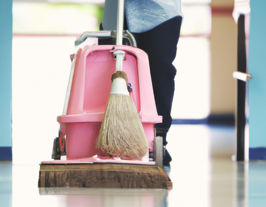 Janitorial team member maintaining a building common area